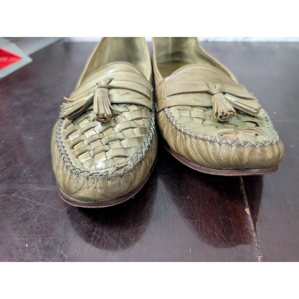 Vintage Cole Haan Woven Tassel Loafers Olive Green Leather Made in Italy L13 R12